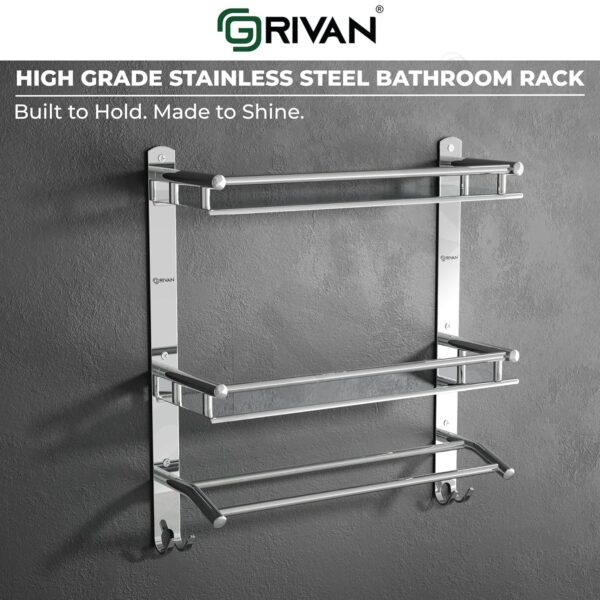 GRIVAN Multipurpose Stainless Steel Double Layer Shelf with Towel Rod I Multipurpose Wall Mount Bath Shelf Organizer l Bathroom Shelf and Rack I Bathroom Accessories - Chrome Finish, Silver