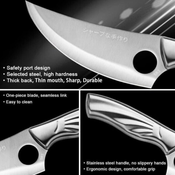 Chef Knife Stainless Steel with Finger Hole Grip – Razor Sharp Curved Blade Kitchen Knife for Meat, Vegetables & Fruits | Ergonomic Handle Utility Butcher Knife with Sheath