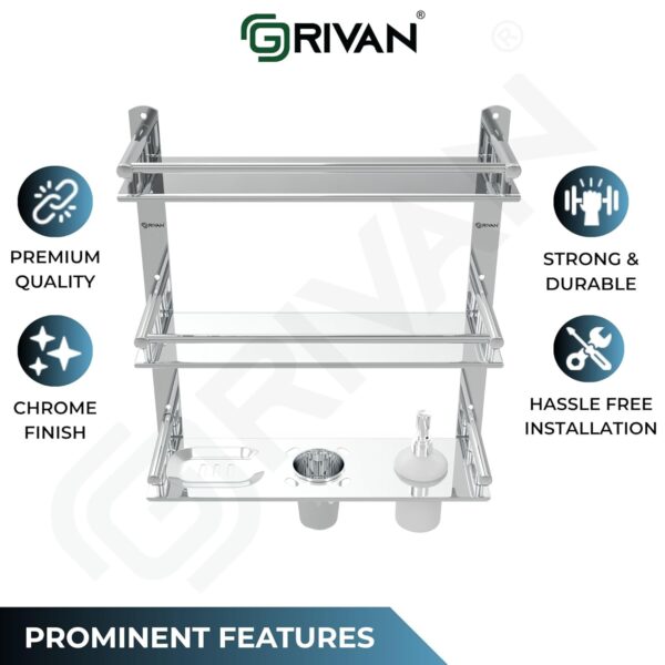 Stainless Steel 6-in-1 3-Tier Bathroom Shelf Rack with Soap Dish, Toothbrush Holder, Tumbler & Liquid Soap Dispenser (Silver Chrome, 18x16 Inch)