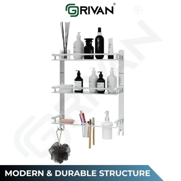 Stainless Steel 6-in-1 3-Tier Bathroom Shelf Rack with Soap Dish, Toothbrush Holder, Tumbler & Liquid Soap Dispenser (Silver Chrome, 18x16 Inch)