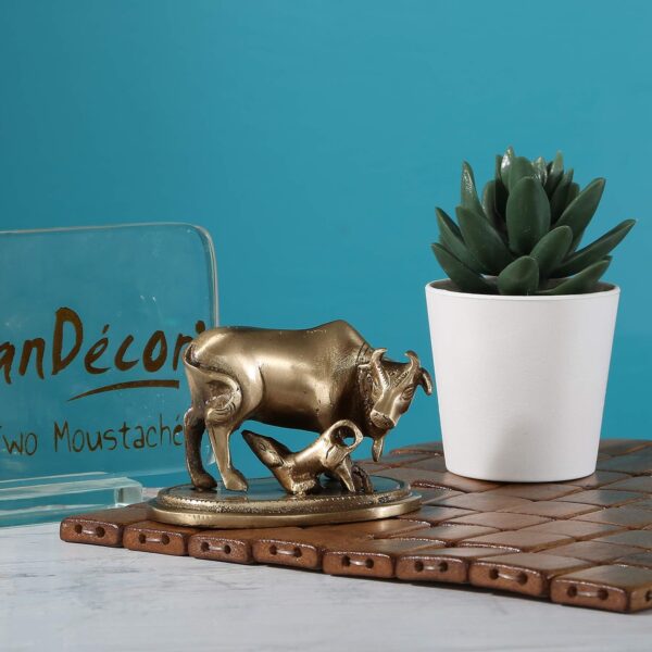 Two Moustaches 3 Inches Brass Kamdhenu Cow & Calf Showpiece, Handcrafted Brass Kamdhenu Statue, Vastu Home Decor for Pooja Room & Mandir, Brown, Weight - 350 Grams, Standard, Pack of 1