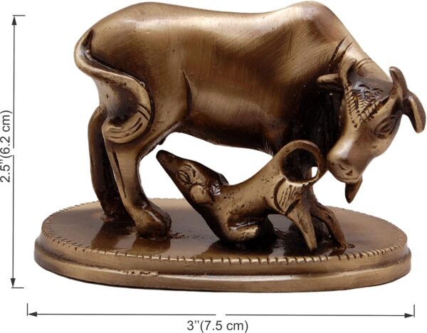 Two Moustaches 3 Inches Brass Kamdhenu Cow & Calf Showpiece, Handcrafted Brass Kamdhenu Statue, Vastu Home Decor for Pooja Room & Mandir, Brown, Weight - 350 Grams, Standard, Pack of 1