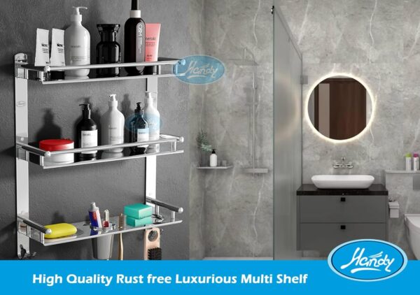 HANDY Bathroom Accessories 3 Layer Stainless Steel Bathroom Shelf with 2 Soap Case 1 Toothbrush Holder and Hook