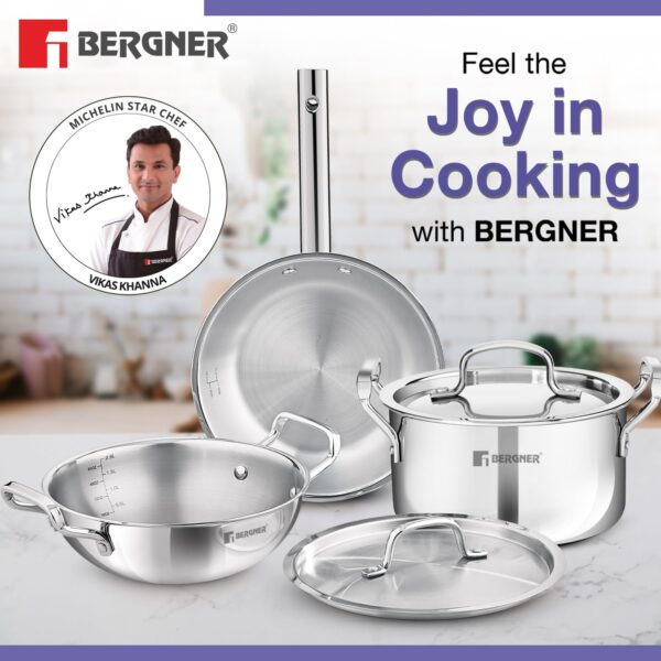 Bergner TriPro 5 Pcs Triply Stainless Steel Cookware Set - 24cm (3L) Kadai with Lid, 20cm (3.4L) Casserole/Biryani Pot with Lid, 22cm (1.5L) Frypan, Less Oil Use, Healthy Cooking - Induction Bottom