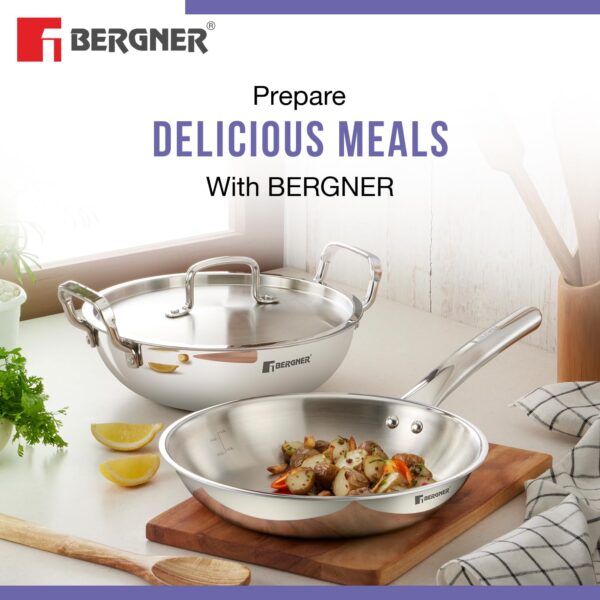 Bergner TriPro 5 Pcs Triply Stainless Steel Cookware Set - 24cm (3L) Kadai with Lid, 20cm (3.4L) Casserole/Biryani Pot with Lid, 22cm (1.5L) Frypan, Less Oil Use, Healthy Cooking - Induction Bottom