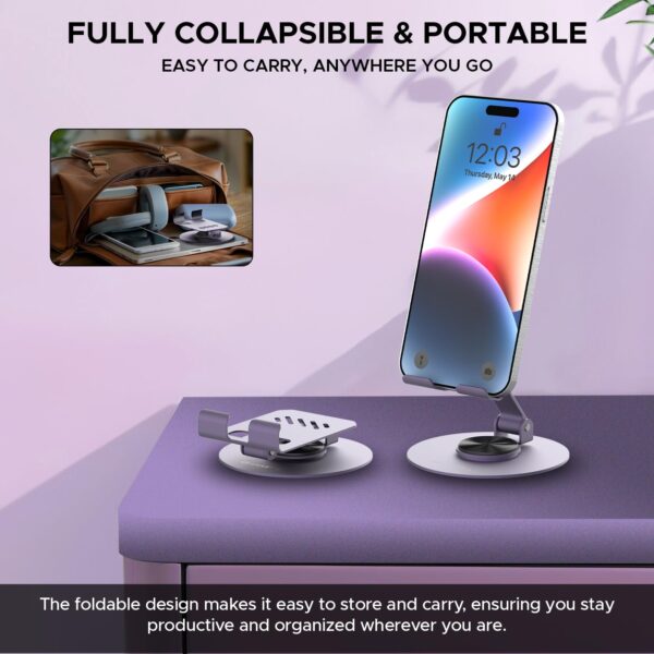 Amkette Ergo 360° Alloy Mobile Stand for Desk, Foldable Design with Stable Rotational Metallic Round Base, Multiple Height & Angle adjustments for Smartphones, Tablets & iPad (Purple)