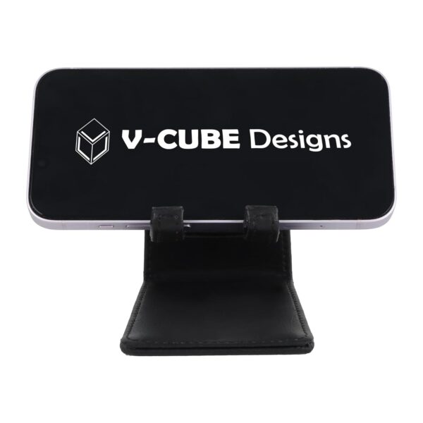 V-CUBE DESIGNS Premium Vegan Leather Universal Mobile Holder | Steel Frame | Angular Desk Phone Stand with Anti-Slip Leather Surface | Fits all Smartphones, Tablets, Kindle, iPad up to 7 Inches |Black