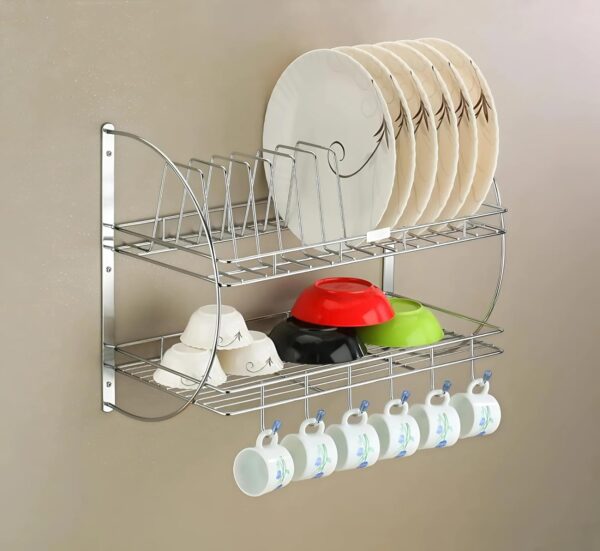 1776368404_Stainless-Steel-Wall-Mounted-2-Tier-Kitchen-Dish-Rack-Rust-Resistant-Dish-Drainer-with-12-Plate-Holders-6-Hooks-Removable-Drip-Tray-Space-Saving-Organizer-for-Plates-BowlsKitchen-Tools.jpg Stainless Steel Wall-Mounted 2-Tier Kitchen Dish Rack Rust-Resistant Dish Drainer with 12 Plate Holders, 6 Hooks, Removable Drip Tray, Space-Saving Organizer for Plates, Bowls,Kitchen Tools