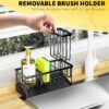 Kitchen Sink Caddy Organiser, Sink Tidy with Removable Brush Holder, Under Sink Storage Rack, Sponge & Soap Holder,Stainless Steel Cleaning Utensil Caddy for Kitchen,Black