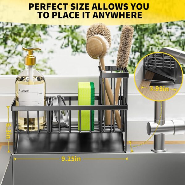 Kitchen Sink Caddy Organiser, Sink Tidy with Removable Brush Holder, Under Sink Storage Rack, Sponge & Soap Holder,Stainless Steel Cleaning Utensil Caddy for Kitchen,Black