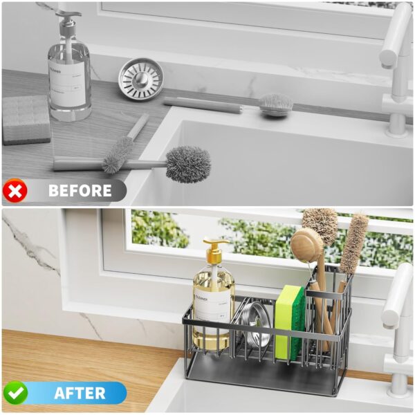 Kitchen Sink Caddy Organiser, Sink Tidy with Removable Brush Holder, Under Sink Storage Rack, Sponge & Soap Holder,Stainless Steel Cleaning Utensil Caddy for Kitchen,Black