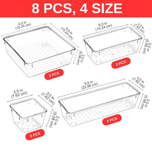 Aliensware 8Pcs Transparent Drawer Organizer,Clear Plastic Dividers Trays,Versatile Bathroom And Vanity Organiser,Storage Bins For Makeup Cosmetics,Jewellery,Kitchen,Bathroom,25X10X10 Cm