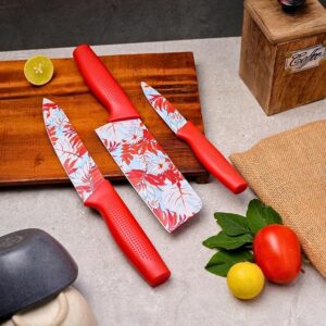 Professional 3-Piece Kitchen Knife Set - High Carbon Stainless Steel Chef, Utility & Santoku Knives with Ergonomic Blue Handles Knife (Blue, 3 Pc Knife Set, Knife) (3P-RED)