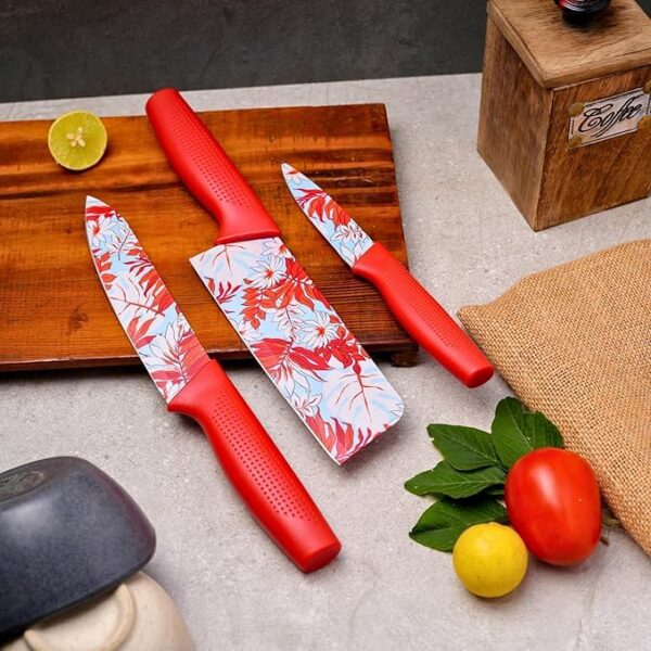 Professional 3-Piece Kitchen Knife Set - High Carbon Stainless Steel Professional 3-Piece Kitchen Knife Set - High Carbon Stainless Steel Chef, Utility & Santoku Knives with Ergonomic Blue Handles Knife (Blue, 3 Pc Knife Set, Knife) (3P-RED)