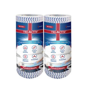 Tri-Activ Washable & Reusable Kitchen Towel Roll | 80 Pulls per Roll, 160 Sheets Pack of 2 | Highly Absorbent Kitchen Tissue Roll | Non Woven Fabric | Better alternative to Paper Tissue Roll | Blue