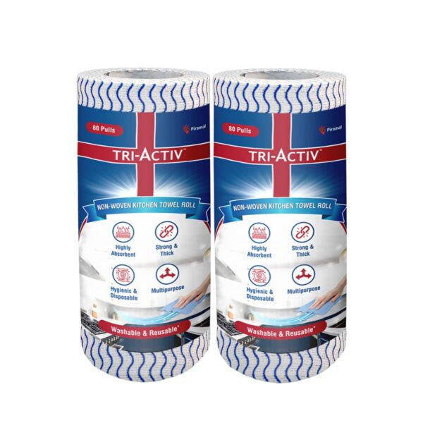 Tri-Activ Washable & Reusable Kitchen Towel Roll | 80 Pulls per Roll, 160 Sheets Pack of 2 | Highly Absorbent Kitchen Tissue Roll | Non Woven Fabric | Better alternative to Paper Tissue Roll | Blue