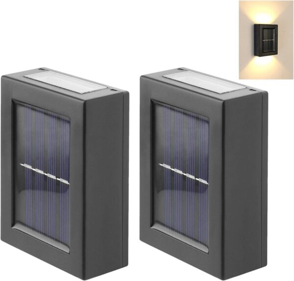 TCCO ENTERPRISE 2 Pack LED Solar Up and Down Outdoor Security Wall Lamps, IP65 Waterproof Solar Outdoor Lights, Fence Lights LED Solar Wall Lights for Home Garden Porch(Warm Light) (2)ABS PC plastic