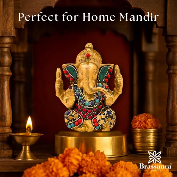 Brass Gem Stone Work Ganesha Statue for Home Office | Brass Ganesh Murti for Pooja Room | Ganpati Idol for Home Entrace Home Decor (Weight 860 Gram Height 16 cm) (Hand_BRASSGANESH_05CM)
