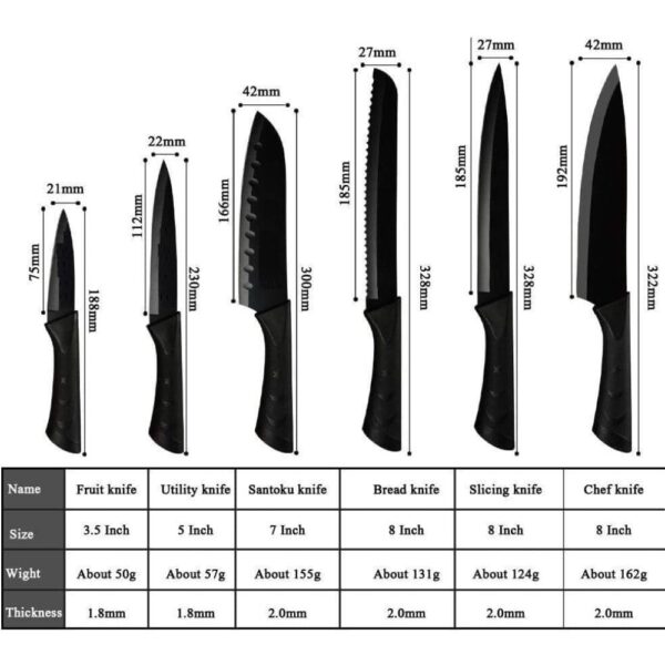 Kitchen Knife Set 6 Pieces Stainless Steel Sharp Blades with Non Stick Coating & Ergonomic Handles | Chef Knife Bread Knife Utility Paring Knife Set for Home Kitchen (Black)”