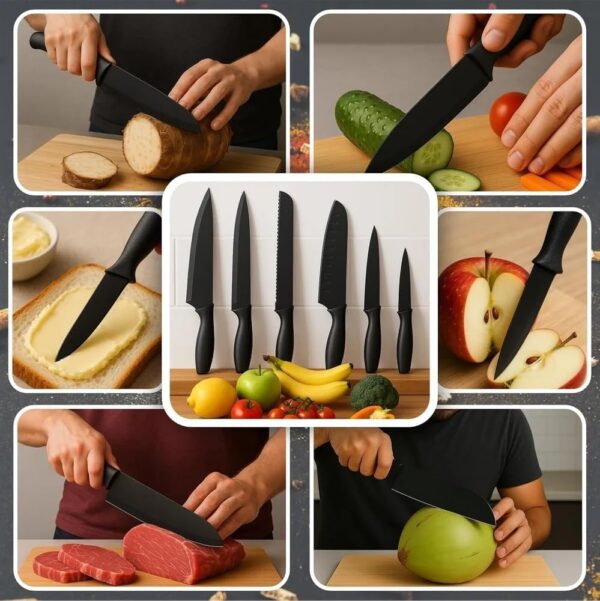 Kitchen Knife Set 6 Pieces Stainless Steel Sharp Blades with Non Stick Coating & Ergonomic Handles | Chef Knife Bread Knife Utility Paring Knife Set for Home Kitchen (Black)”
