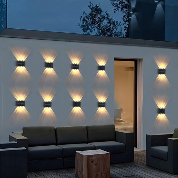 kh Solar 8 LED Wall Light Dual Direction Up & Down Outdoor Illumination | IP65 Waterproof | Modern Nordic Design | Solar Sensor Lamp for Garden, Porch, Home, Patio (Pack of 2)