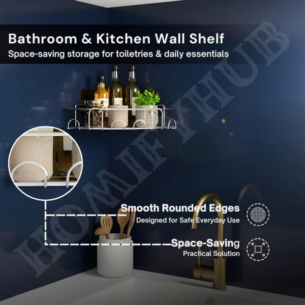 Stainless Steel Corner Shelf for Bathroom & Kitchen | No Drill Self Adhesive Wall Mounted Storage Organizer for Washroom | Wall Mount Rustproof Bathroom Organiser Shelves (Pack of 1)