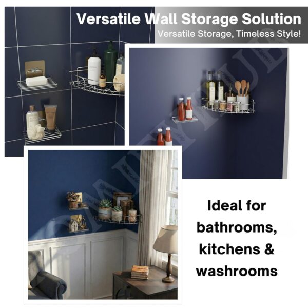 Stainless Steel Corner Shelf for Bathroom & Kitchen | No Drill Self Adhesive Wall Mounted Storage Organizer for Washroom | Wall Mount Rustproof Bathroom Organiser Shelves (Pack of 1)