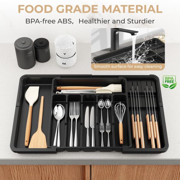 Euqunn Cutlery Drawer Organiser, Expandable Large Utensil Holder with 2 Removable Knife Blocks, 6-9 Slots Adjustable Cutlery Tray for Kitchen Drawer, Compact Plastic Storage for Forks Knives(Black)