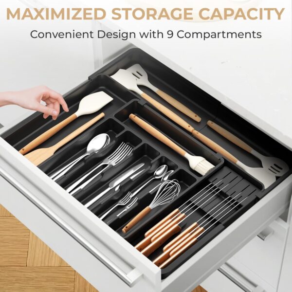 Euqunn Cutlery Drawer Organiser, Expandable Large Utensil Holder with 2 Removable Knife Blocks, 6-9 Slots Adjustable Cutlery Tray for Kitchen Drawer, Compact Plastic Storage for Forks Knives(Black)