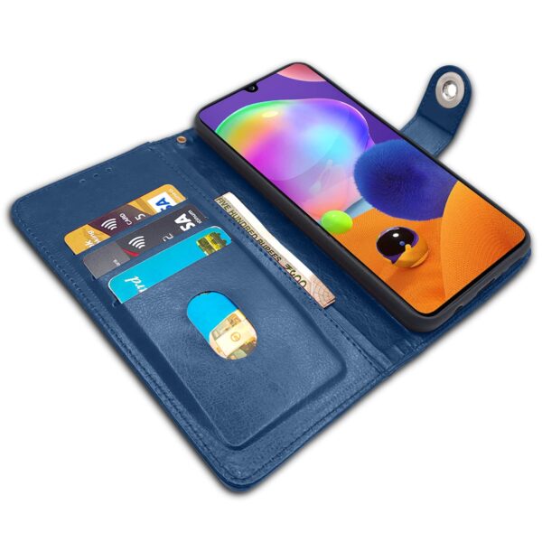 Pikkme Samsung Galaxy A31 Flip Cover| PU Leather Finish | 360 Protection | Wallet & Stand | Strong Magnetic Flip Case for Samsung Galaxy A31 (Blue Button)