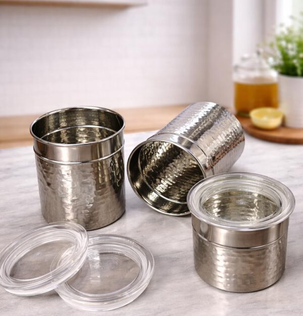 1776547790_Stainless-Steel-Hammered-Utility-Container-Set-of-3-Steel-Container-with-See-Through-Lid-Kitchen-Canister-Set-for-Tea-Coffee-Sugar-Dry-Fruits-Food-Grade-Steel-400ml-600ml-800ml.jpg Stainless Steel Hammered Utility Container (Set of 3) | Steel Container with See Through Lid | Kitchen Canister Set for Tea Coffee Sugar Dry Fruits, Food Grade Steel (400ml 600ml 800ml)