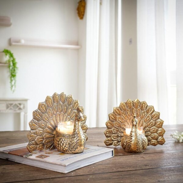 BEHOMA Aluminium Dancing Peacock Figurine Pair for Love & Good Luck | Home Décor Tabletop Showpiece with Scented Votive Candles | Valentine, Anniversary & Wedding Gift for Couples | Set of 2, Gold