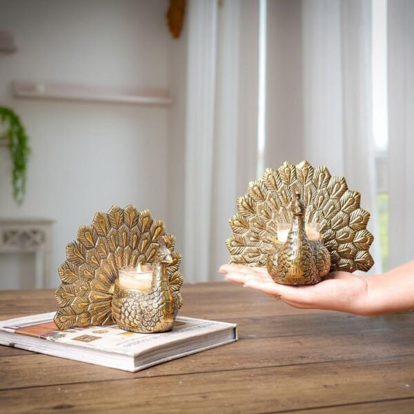 BEHOMA Aluminium Dancing Peacock Figurine Pair for Love & Good Luck | Home Décor Tabletop Showpiece with Scented Votive Candles | Valentine, Anniversary & Wedding Gift for Couples | Set of 2, Gold