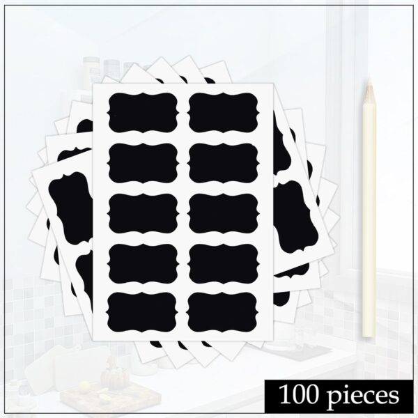 GLUN 100 Piece Waterproof Vinyl Black Labels Stickers for Mason Jar Glass & Plastic Bottles, 100 Labels Piece Stickers with 1 Piece White Pencil, Self-Adhesive Spice