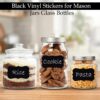 GLUN 100 Piece Waterproof Vinyl Black Labels Stickers for Mason Jar Glass & Plastic Bottles, 100 Labels Piece Stickers with 1 Piece White Pencil, Self-Adhesive Spice