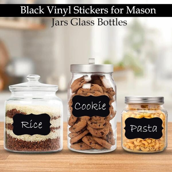 GLUN 100 Piece Waterproof Vinyl Black Labels Stickers for Mason Jar Glass & Plastic Bottles, 100 Labels Piece Stickers with 1 Piece White Pencil, Self-Adhesive Spice