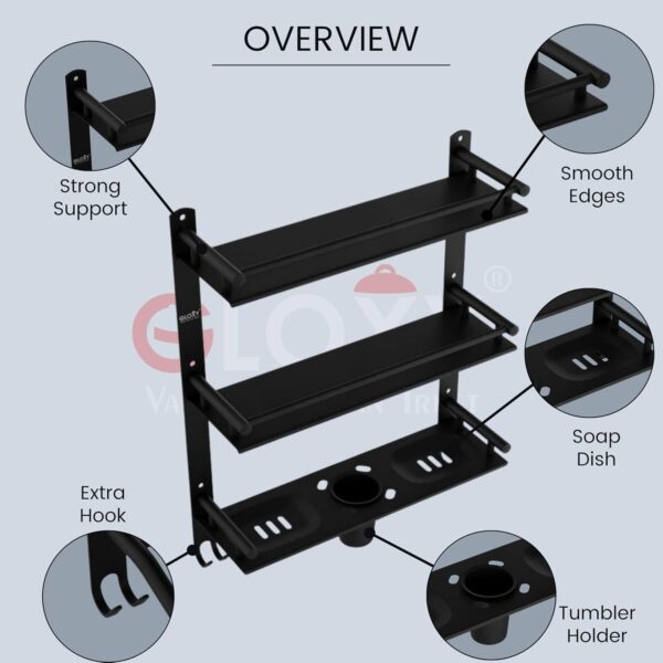 GLOXY Premium Bathroom Shelf Rack - Black Matte Finish 4in1 Stainless Steel Wall Mount Bathroom Soap Rack with Toothbrush Holder - Bathroom Fittings Accessories Set with Multipurpose Hooks