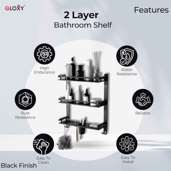 GLOXY Premium Bathroom Shelf Rack - Black Matte Finish 4in1 Stainless Steel Wall Mount Bathroom Soap Rack with Toothbrush Holder - Bathroom Fittings Accessories Set with Multipurpose Hooks