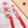 DIVGO Floral Kitchen Knife Set – 3 Piece Non-Stick Stainless Steel Knives with Ergonomic Handles | Sharp & Stylish Chef, Utility & Cleaver Knife for Home Cooking & Chopping (Red)