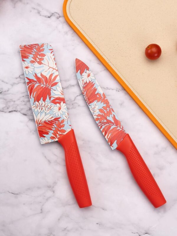 DIVGO Floral Kitchen Knife Set – 3 Piece Non-Stick Stainless Steel Knives with Ergonomic Handles | Sharp & Stylish Chef, Utility & Cleaver Knife for Home Cooking & Chopping (Red)