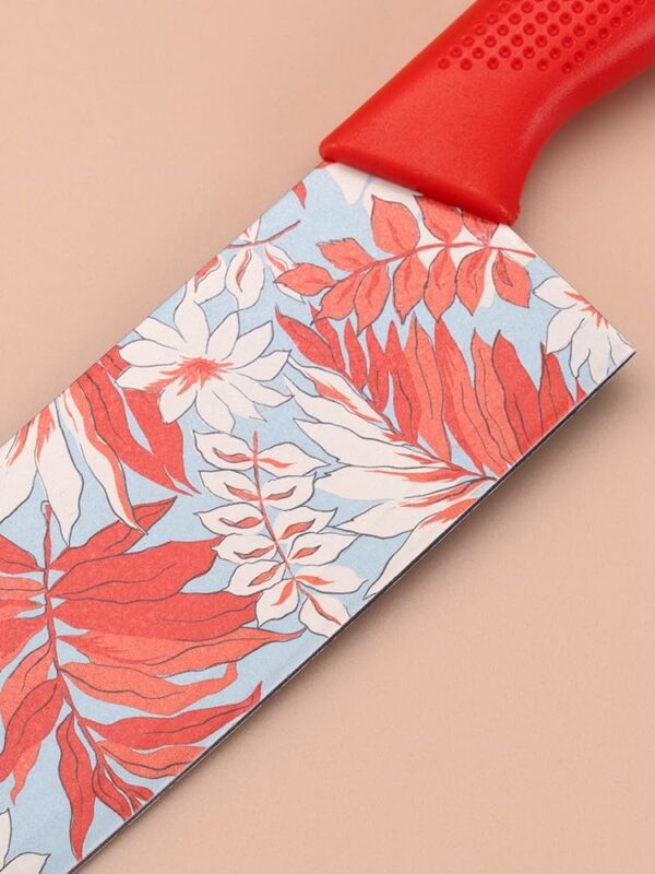 DIVGO Floral Kitchen Knife Set – 3 Piece Non-Stick Stainless Steel Knives with Ergonomic Handles | Sharp & Stylish Chef, Utility & Cleaver Knife for Home Cooking & Chopping (Red)
