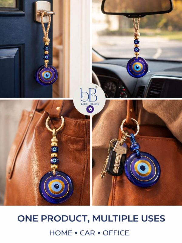 Evil Eye Wall Hanging with Keychain, Blue Glass Nazar Protection Charm for Home, Car and Office, Good Luck Vastu Decor, 2-in-1 Pack
