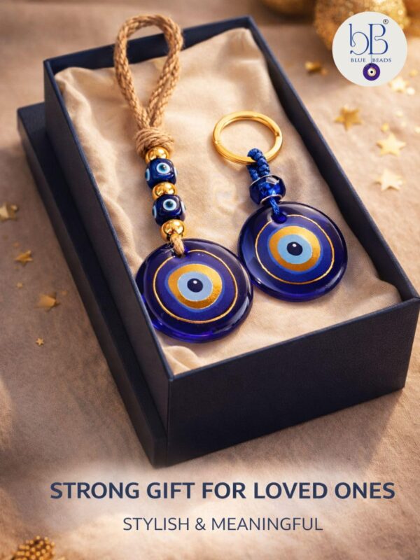 Evil Eye Wall Hanging with Keychain, Blue Glass Nazar Protection Charm for Home, Car and Office, Good Luck Vastu Decor, 2-in-1 Pack