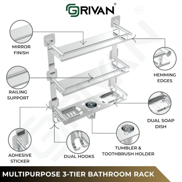 GRIVAN Magic Sticker Self Adhesive Anti Rust 3 Tier Multipurpose Bathroom Shelf Organizer with Double Soap Dish and Toothbrush Holder Stainless Steel Bathroom Accessories