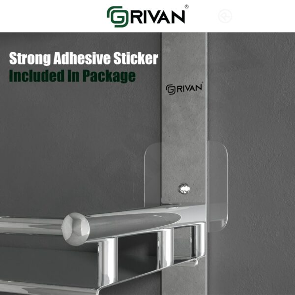 GRIVAN Magic Sticker Self Adhesive Anti Rust 3 Tier Multipurpose Bathroom Shelf Organizer with Double Soap Dish and Toothbrush Holder Stainless Steel Bathroom Accessories