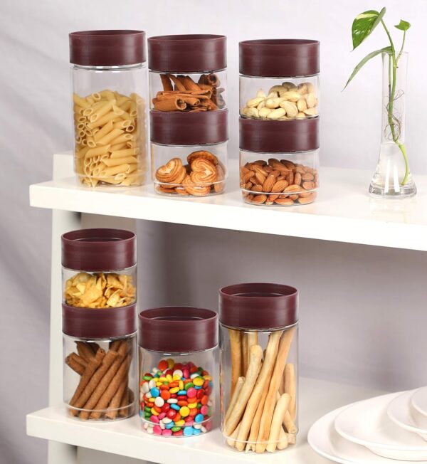 CELLO Modustack Storage Container Jar Set of 9 (500mlx5, 750mlx2, 1000mlx2), Maroon | Food Grade, Stackable, See Through Pet Organizer | For Storage of Food, Pulses, Spice, Cereals, Cookies, Dry Food
