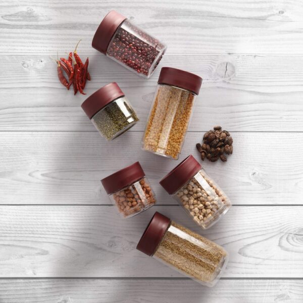 CELLO Modustack Storage Container Jar Set of 9 (500mlx5, 750mlx2, 1000mlx2), Maroon | Food Grade, Stackable, See Through Pet Organizer | For Storage of Food, Pulses, Spice, Cereals, Cookies, Dry Food