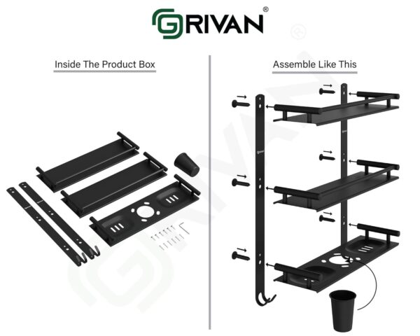 GRIVAN 5 in 1 Heavy-Duty 3 Layer Stainless Steel Bathroom Shelf Racks with Dual Soap Holder, Toothbrush Holder and Tumbler for Bathroom Accessories and Fittings (Black Matte)