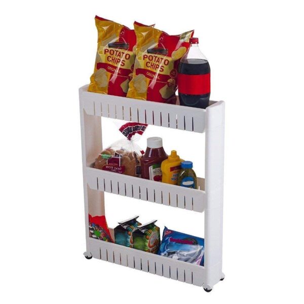 GION Plastic Kitchen Storage Rack Multi Utility Narrow Space Saving Slim Side Storage Organizer Rack Shelf with Wheels for Household Kitchen, Office, Bathroom (1Pcs) (3 Layer)