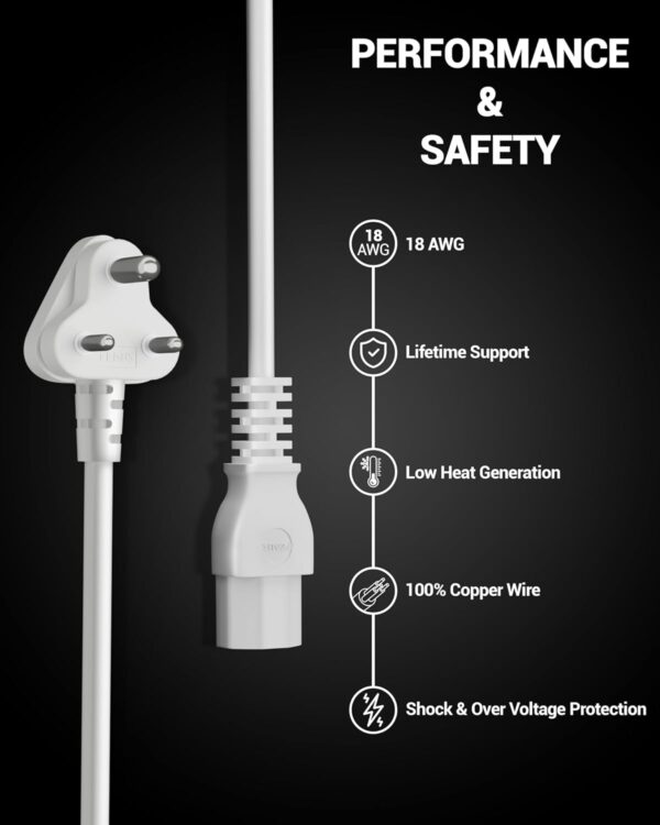 FEDUS Power Cord 1.8 Meter Replacement India Plug IEC Computer Mains Power Cable Cord Wire for Desktop 3 pin Power Cable for PC, Monitor SMPS and Printer, Power Supply, TV White